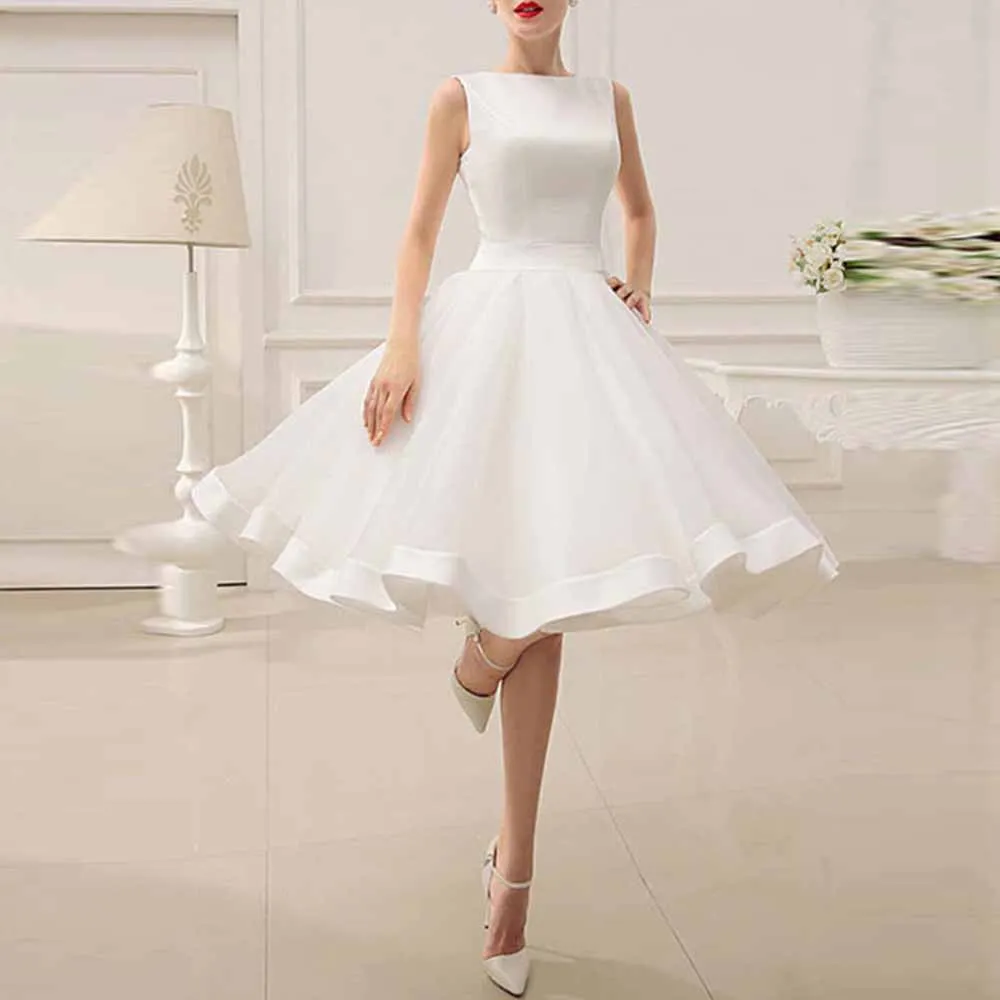 

Simple Women's Wedding Dresses Mini Satin A-line Short Bridal Gown White Boat Neck Ruched Bows Net Wedding Guest Dress 2025