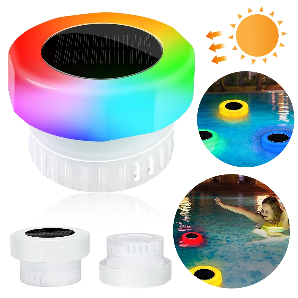 Solar Powered Chlorine Floating Water Cleaner with Colorful Light Pool Floating Chlorinator IP68 Waterproof for Pool Hot Tub