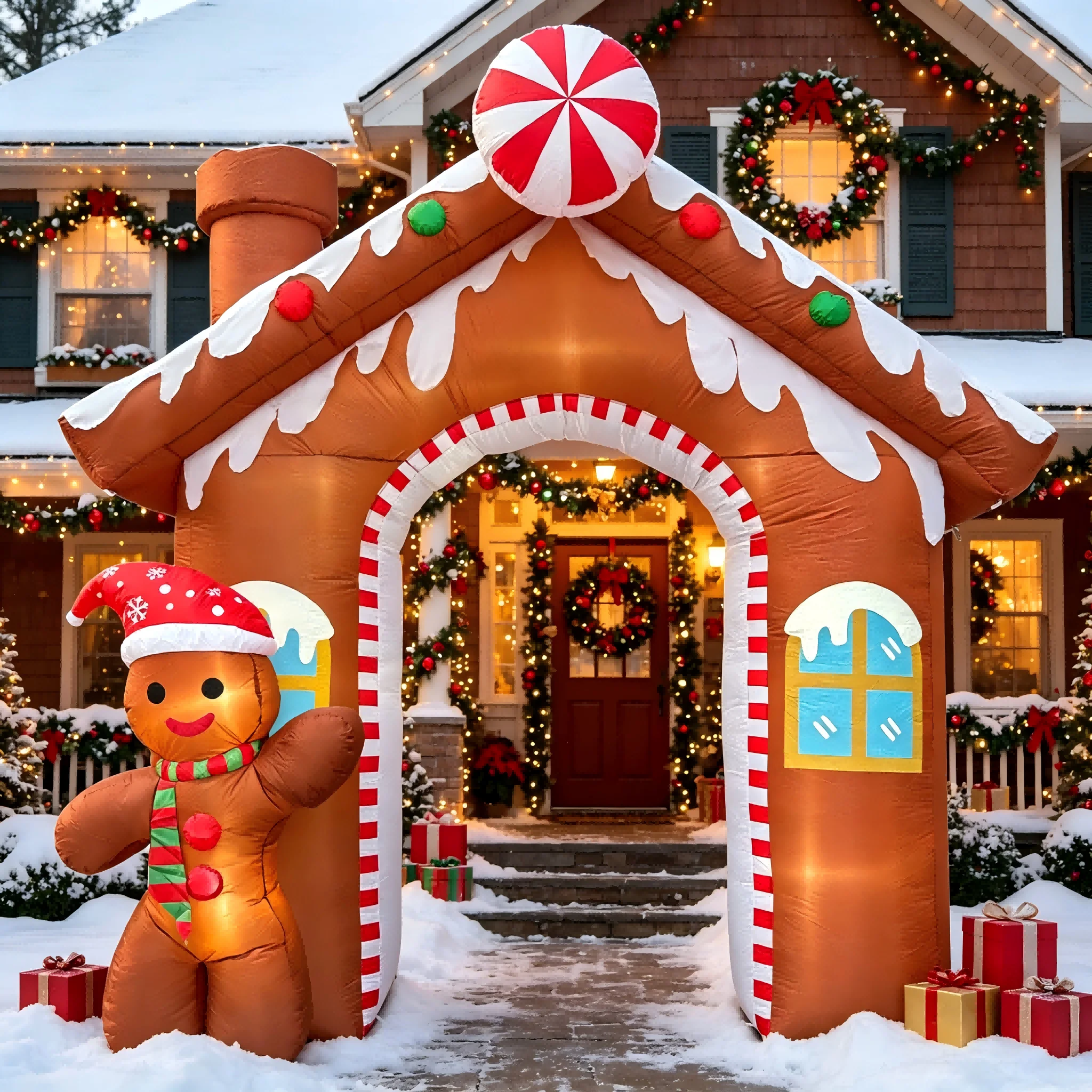 10.2FT Giant Gingerbread Man House Christmas Inflatables Archway Outdoor Decorations, Blow Up with Built-in LED Lights, Gingerbread Inflatable for Xmas Yard, Garden, Lawn and Festive Holiday Displays