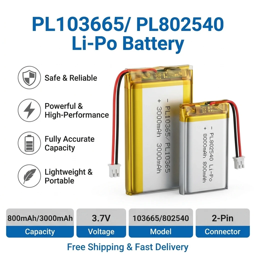 

800mAh/3000mAh Polymer Lithium Rechargeable Battery PL103665 PL802540 Jst 1.25 2pin Plug for Camera GPS Navigator MP5