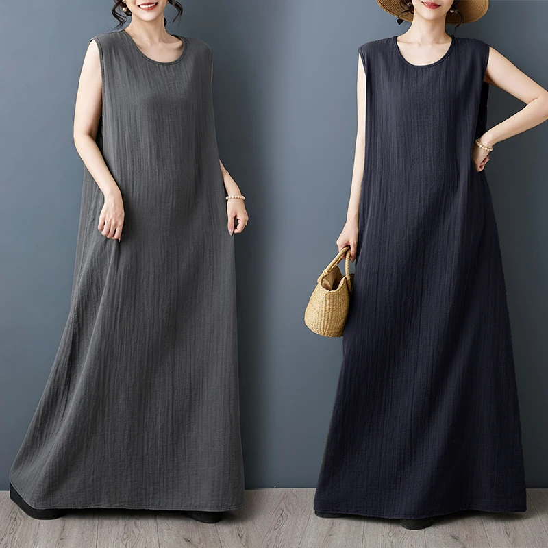 

Summer Elegant Large Size Sleeveless round Neck Dress Floor-Length Women's Double Layer Cotton Breathable Long Dress