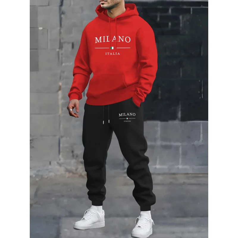 

Milan Print Element Men'S Long-Sleeve Hooded Sweatshirt Two-Piece Set，Casual Sweatshirt Fashion Trend Set