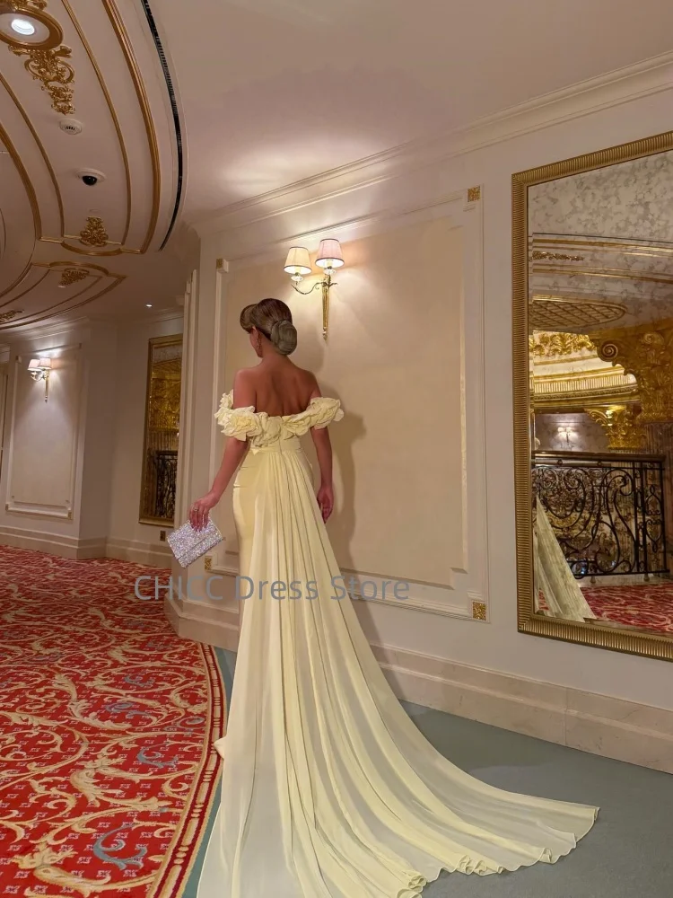 Abiti da ballo gialli senza spalline senza maniche abito da sera arabo fiore sirena mantello abito da festa di gala abiti da soirée personalizzati