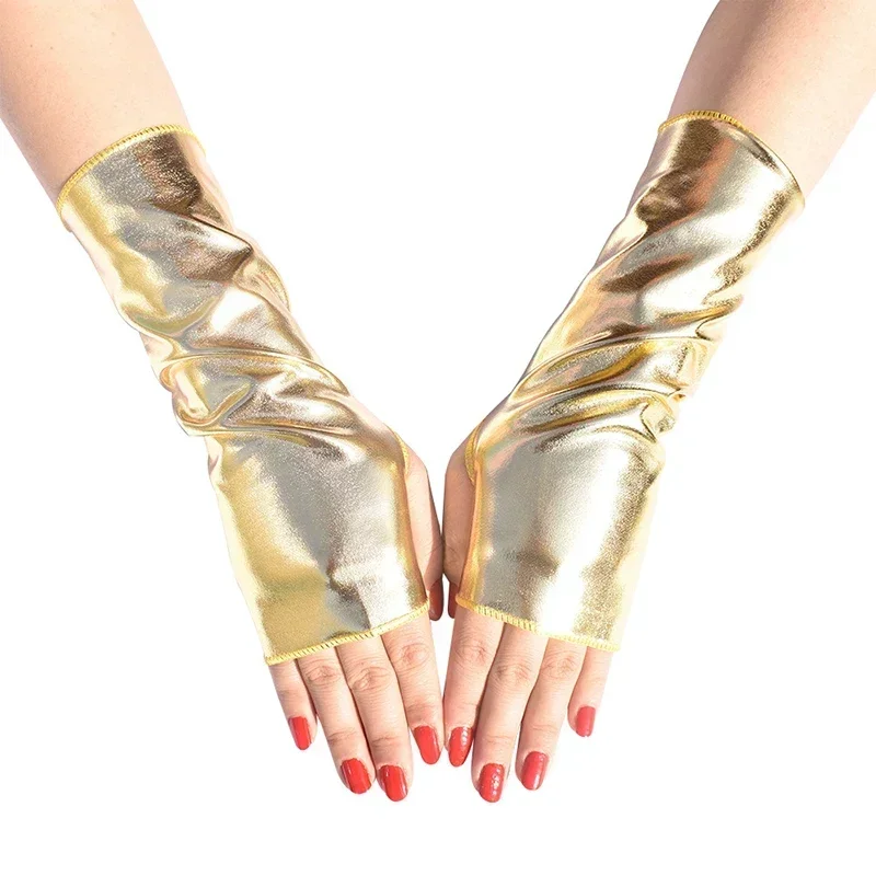 Gold Color Wet Look Fake Leather Metallic Gloves Evening Party Performance Mittens Women Sexy Elbow Length Long Latex Gloves