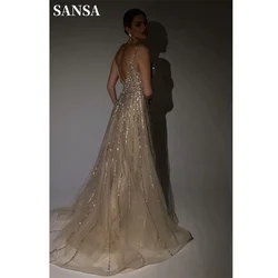 Sansa Glitter Spaghetti Strap فساتين السهرة Shiny Champagne Prom Dress Sexy Open Back A-line Tulle Vestidos De Noche