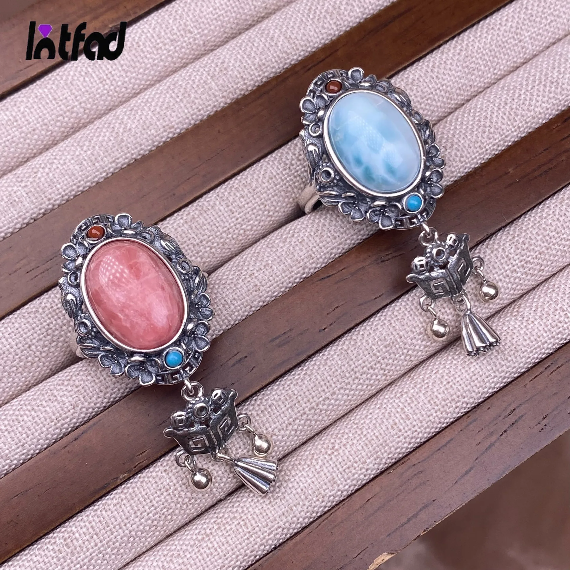 

Vintage S925 Silver Natural Larimar Ring Reto Rhodochrosite Adjustable Ring Large Stone Ring Fine Jewelry for Women