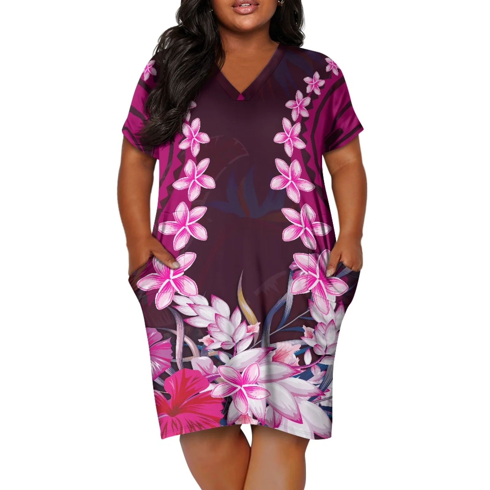 

Polynesian Tribal Tongan Totem Tattoo Prints Women Summer Loose V-Neck Short Sleeve Pockets Comfortable Casual Plus Size Dress