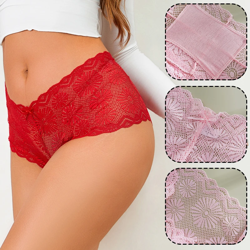 FINETOO 6 قطعة النساء منتصف الخصر حجم كبير سراويل الدانتيل شبكة الأزهار شفافة ملخصات الملابس الداخلية الصلبة سلس الملابس الداخلية الملابس الداخلية #3