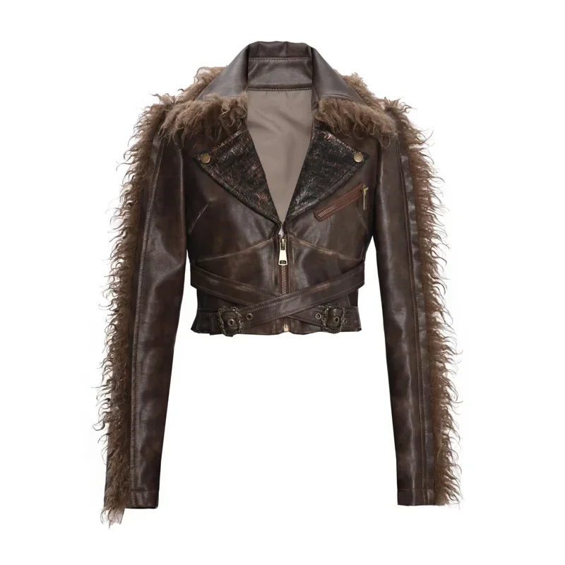 Blood Supply Original Journey Maillard Vintage Motorcycle Short Fur Patch Coat Gothic Punk Grunge Brown Leather Jacket Winter