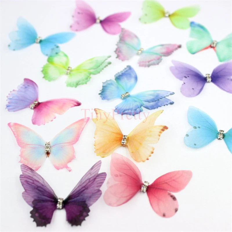 20PCS Printed Organza Butterflies w/ Rhinestone Fairy Wings Appliques Bridal Wedding Hair Accessory DIY Jewelry Making