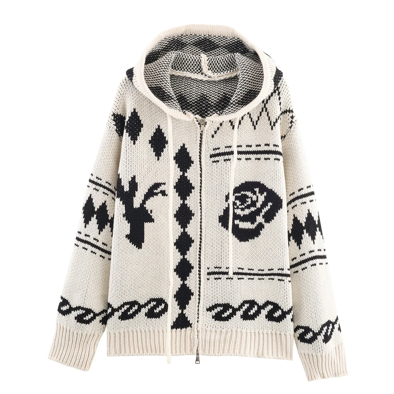 سترة هاراجوكو النسائية الشتوية لعام 2025 بأكمام طويلة منقوشة هندسية مع سحاب محبوك مترهل مع قلنسوة سترة طوطم فضفاضة باللون الأسود المشمش