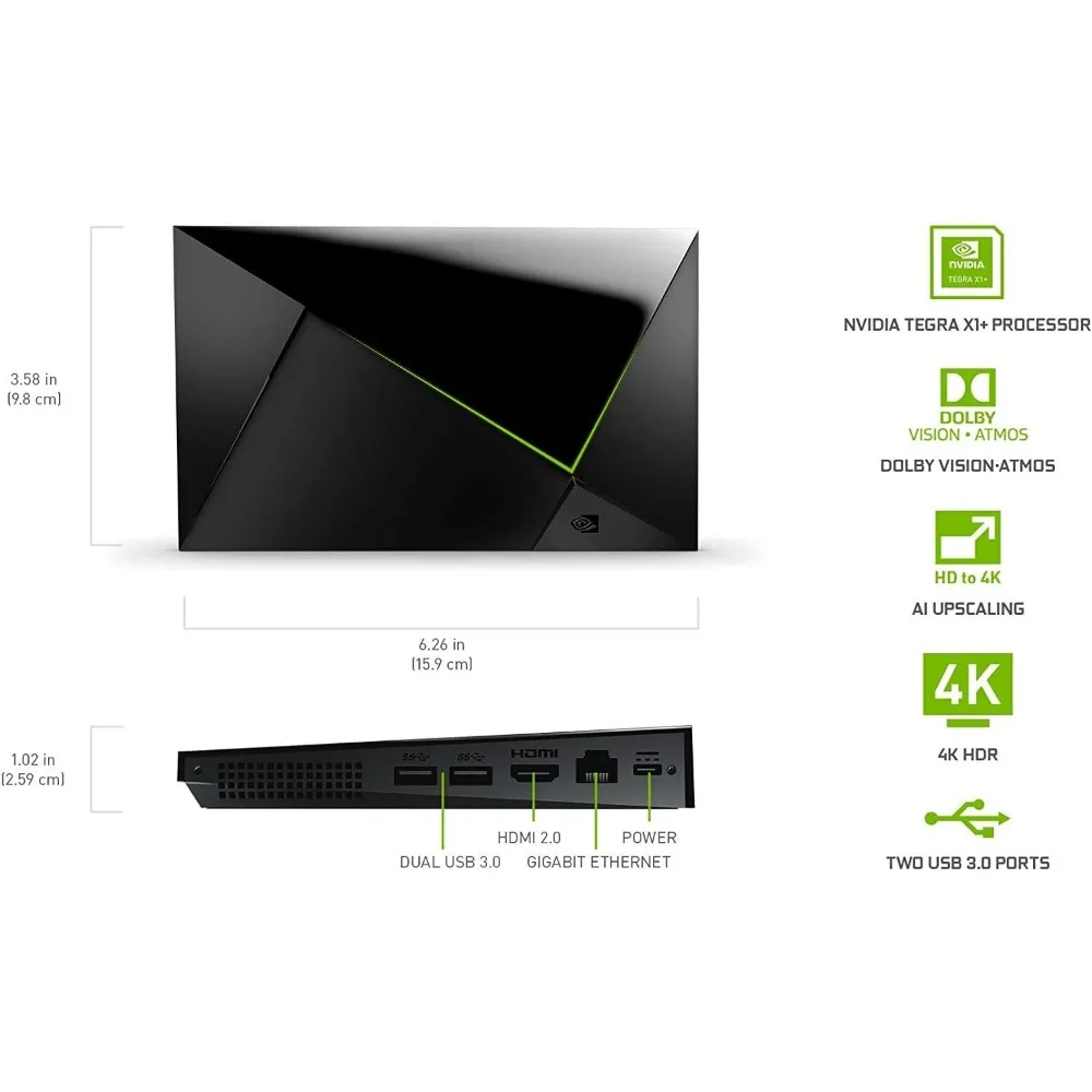 SHIELD Android TV Pro Streaming Media Player; 4K HDR movies, Dolby Vision-Atmos, AI-enhanced upscaling, GeForce NOW cloud gaming