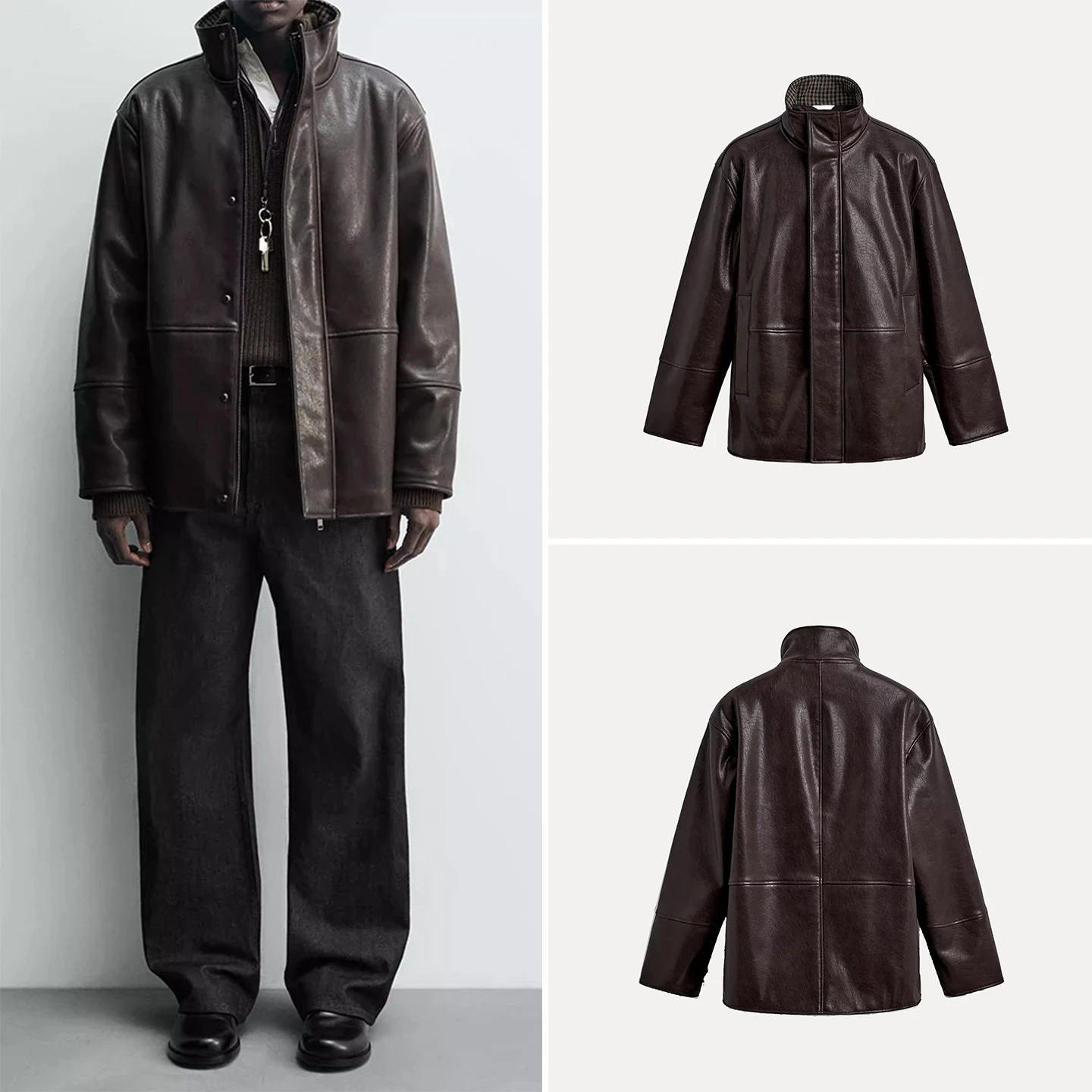 

Faionable Color Blo Leather Jaet Men's Loose Fit Stand Collar Zipper Closure Breathable Mid-Length Coat for Autumn