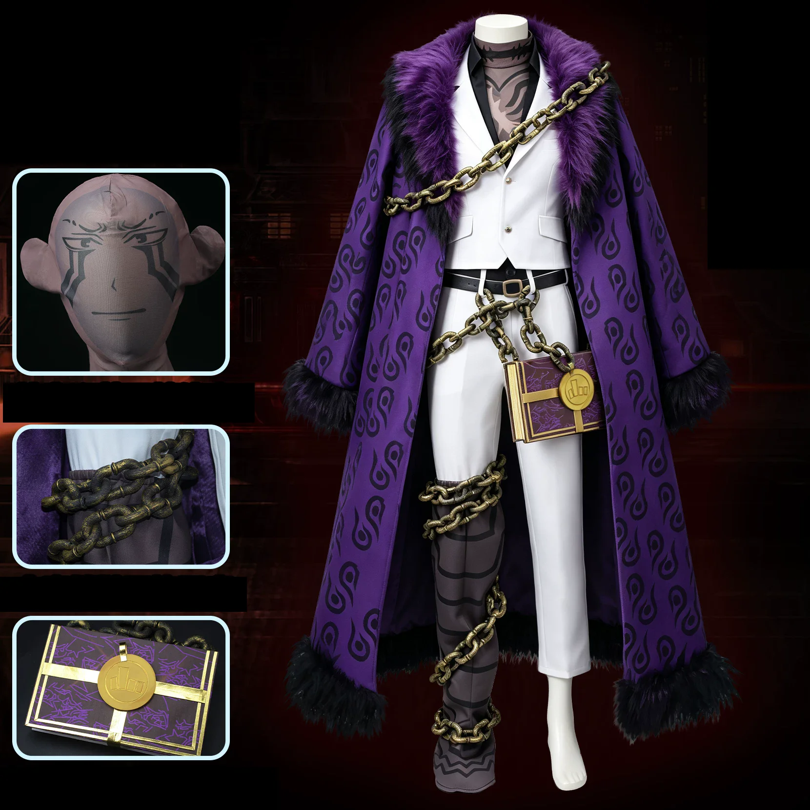 Limbus Company Canto IX Boss Matthias Cosplay Costume Bag Wig Purple Fur Collar Cloak White Suit Book Men Women Halloween Party