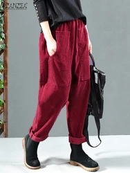 ZANZEA Autumn Women Elastic Waist Corduroy Pants Solid Harem Pants Vintage Long Trousers Pantalon Casual Loose Turnip Palazzo