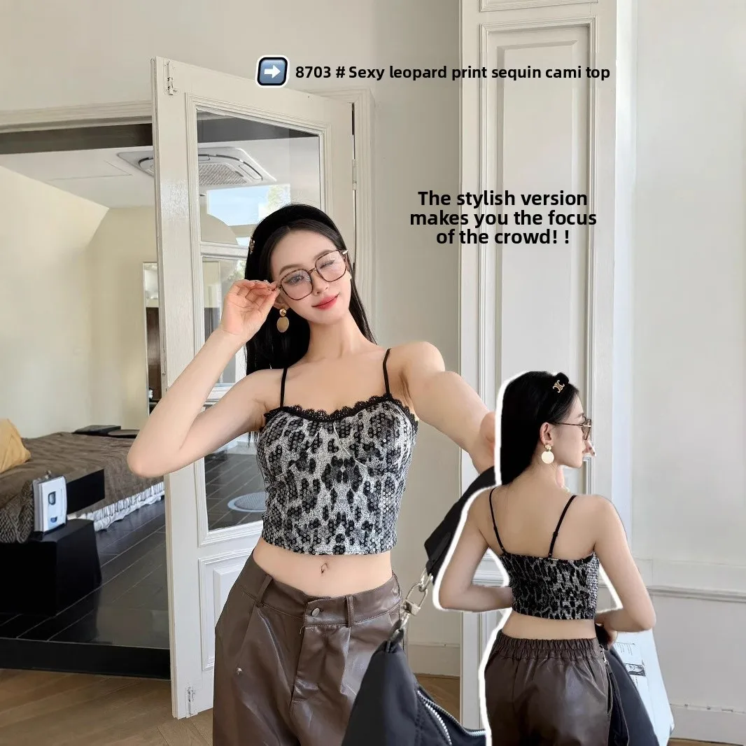 

New Leopard Print Sequin Strap Vest Women Sexy Spicy Fashionable Versatile High-End Built-In Chest Pad Outerwear Inner Match...