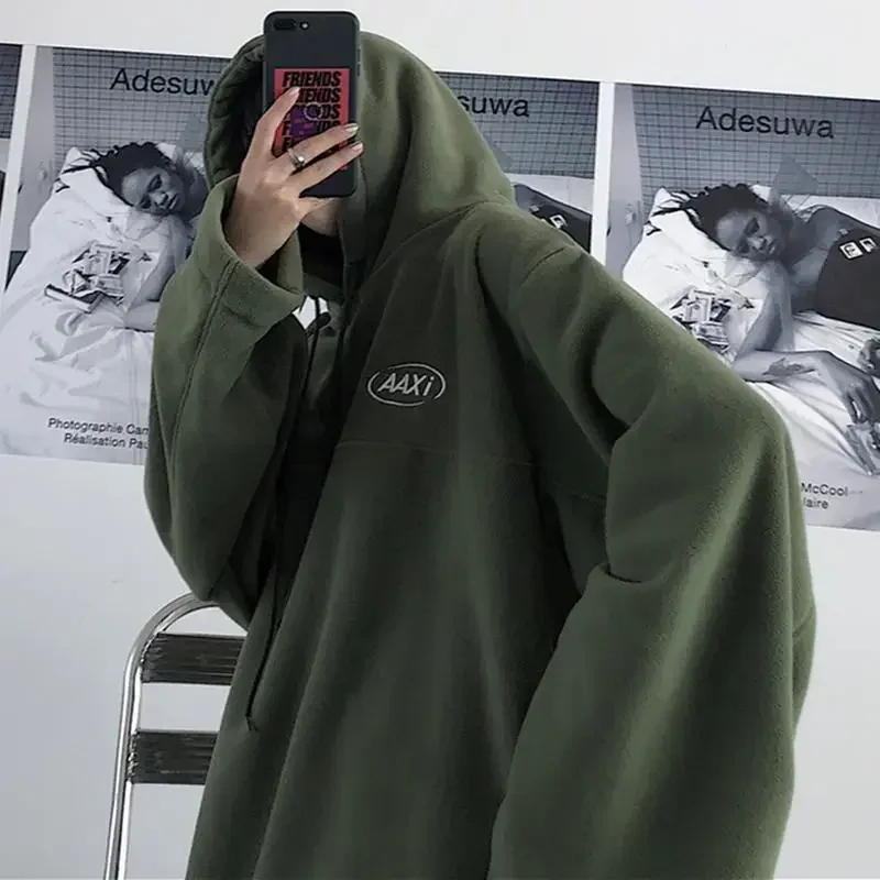 Deeptown Harajuku Fleece Women Hoodies Oversized Streetwear Vintage Korean Fashion Female Black Sweatshirts Y2k Green Pullovers