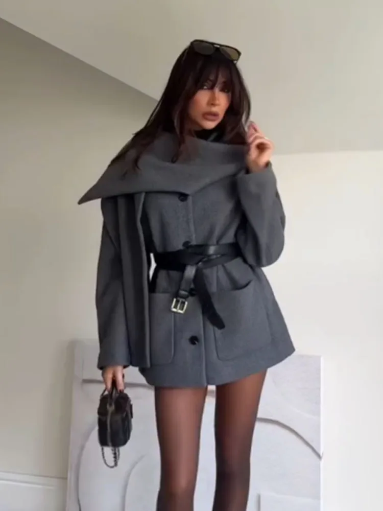 

HH Ropa Mujer Women's Fashion Versatile Warm Scarf Collar Coat British Style Navy Female High Street Casual Temperament Jacket