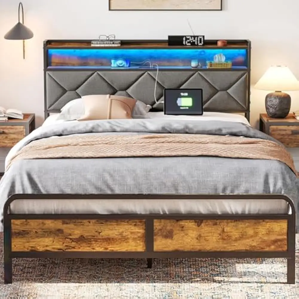 

LED Queen Size Bed Frame with Drawers and Headboard and Storage, Charging Station, No Box Spring Needed, Easy Assembly