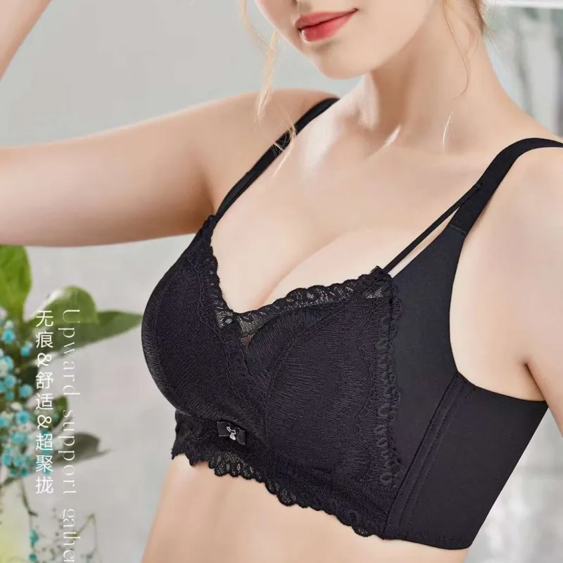 Size 32/34/36/38A Thickened Sexy Lace Bra Without Steel Ring, Small Bra with Gathered Bra To Prevent Slipping