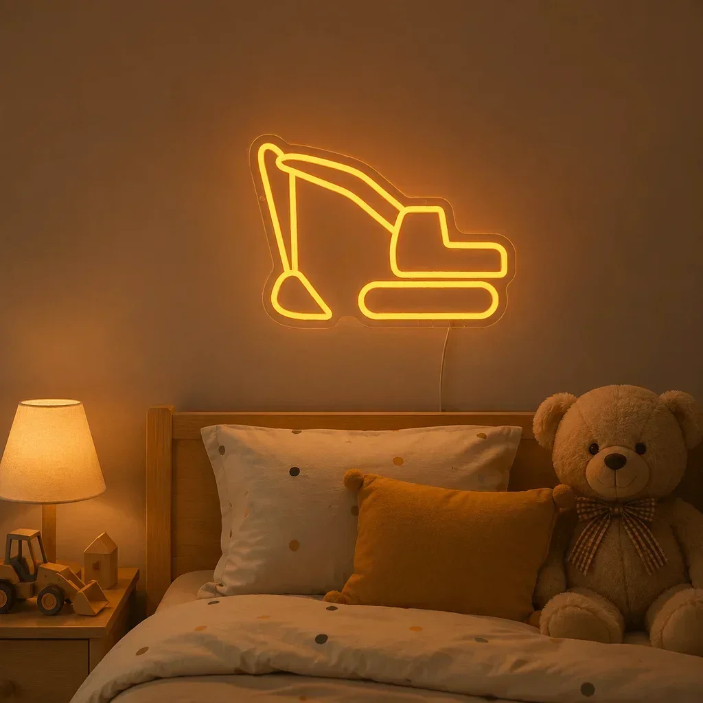 Excavator Neon Sign Yellow Construction Vehicle LED Wall Art  USB Powered Dimmable Light Heavy Machinery Decor for Kids Room