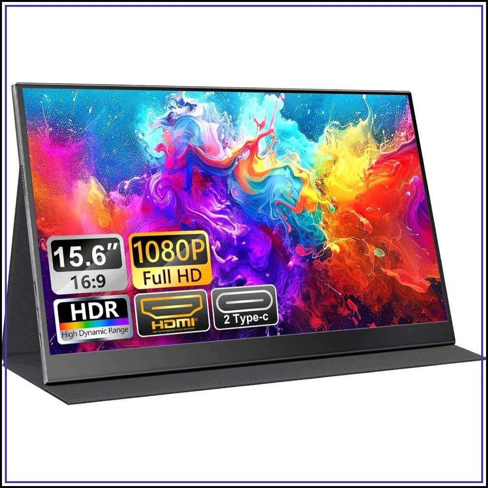 15.6" FHD 1080P IPS Portable Monitor, USB-C/HDMI, Built-in Speakers, Protective Case, for Laptop PC Phone PS5 Xbox Switch