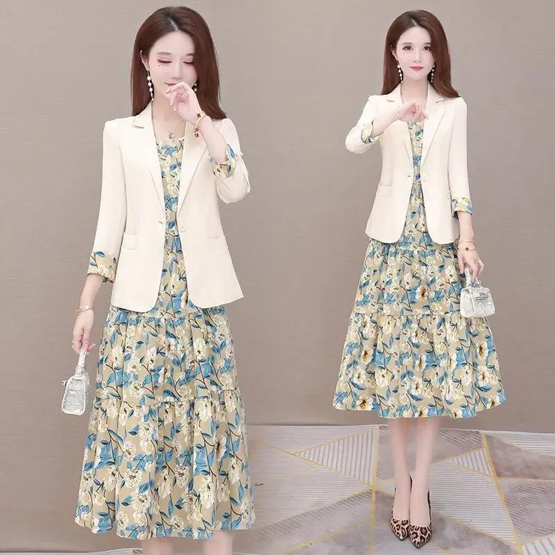 2022 primavera autunno nuovo abito cappotto floreale Sling Dress abito professionale da donna in due pezzi blazer moda coreana giacca gonna Set