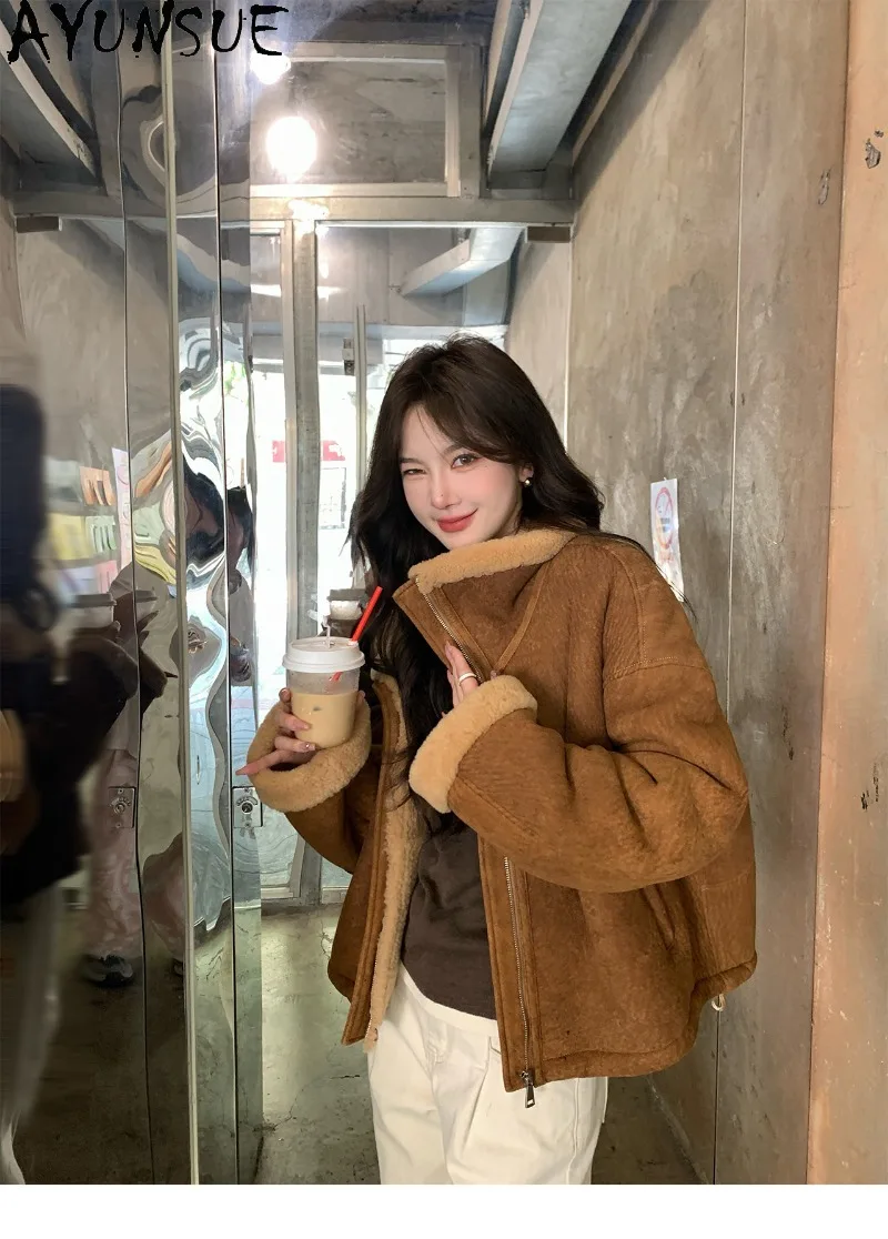 AYUSNUE Womens Natural Merino Shearling Fur One Piece Coat Ladies Winter Clothes Short Length Fashion Clothing Casaco Feminino