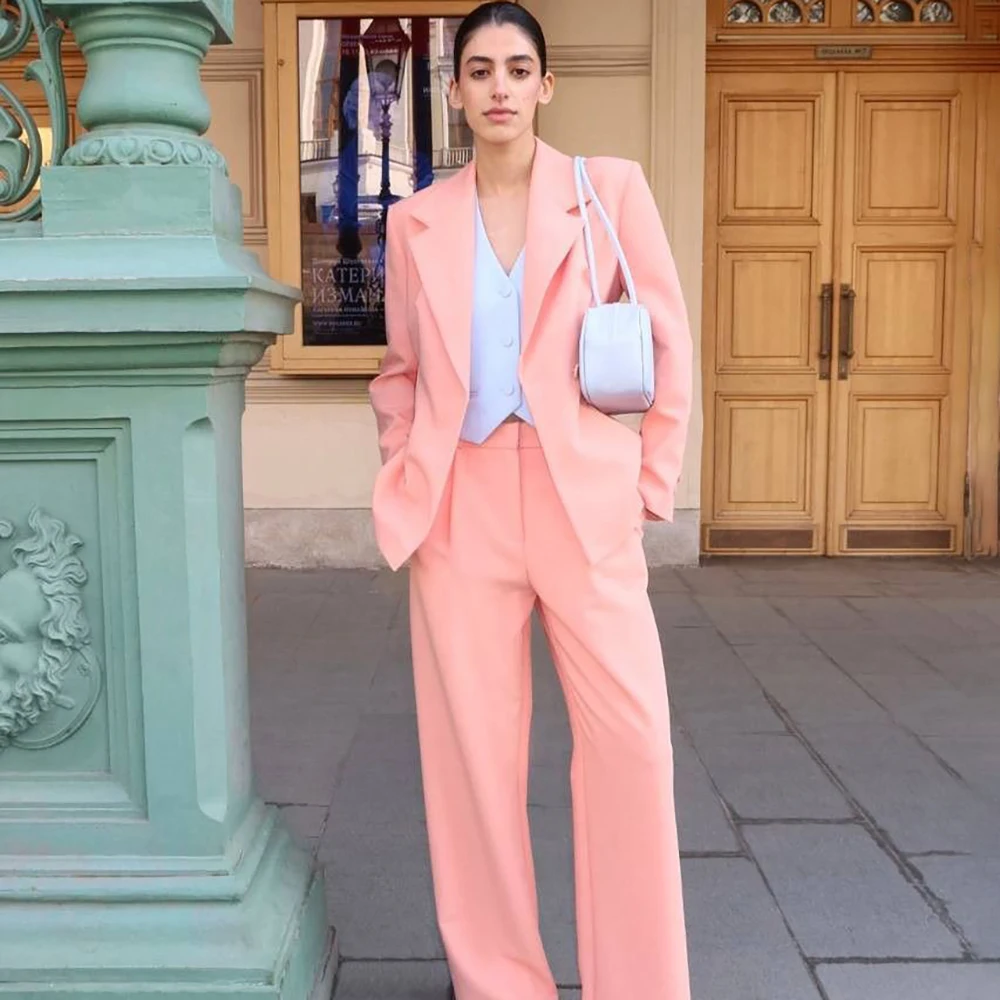 Feminine Women Peach Color 3 Piece Suit Single Button Jacket+Vest+Trousers Set Elegant Daily Office Matching Female Outerwears