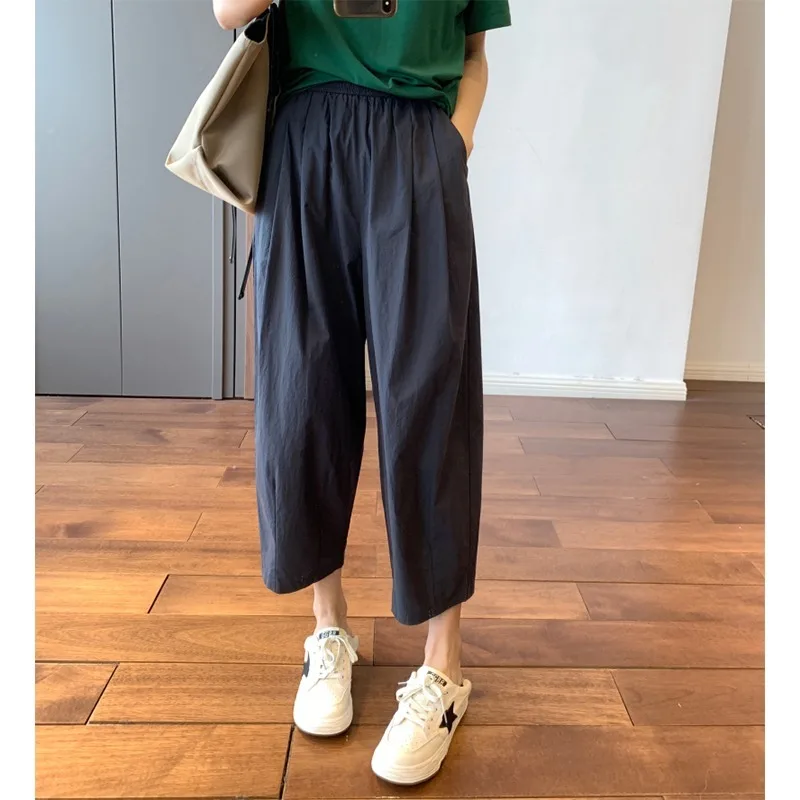 Pantaloni da Donna in Cotone e Lino Stile Harajuku, Larghi, a Tre Quarti, Versione Coreana, Vita Alta Elasticizzata, Novità Estiva