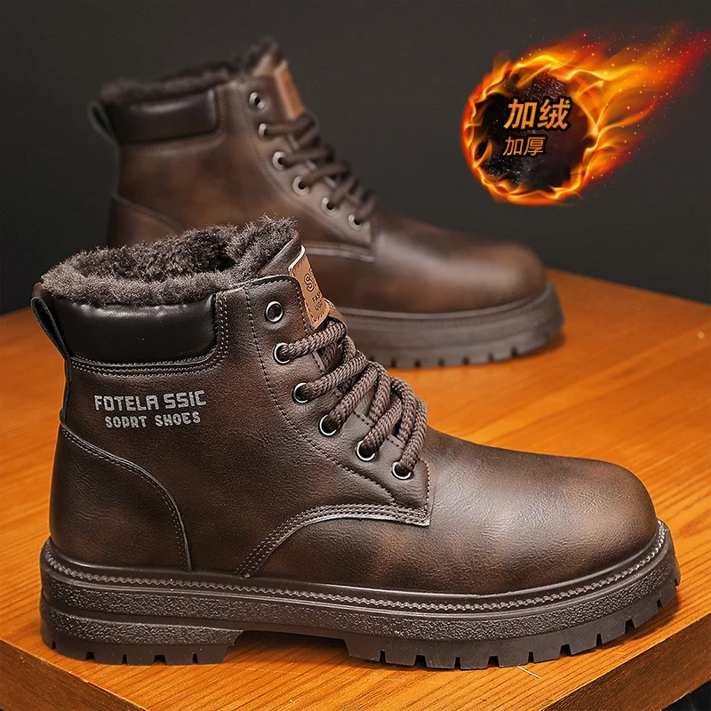 

High-top Men winter boots British Casual Tooling Boots Winter Men's Plus Velvet Warm Fur shoes Fashion Anti Skid Ankle Boots