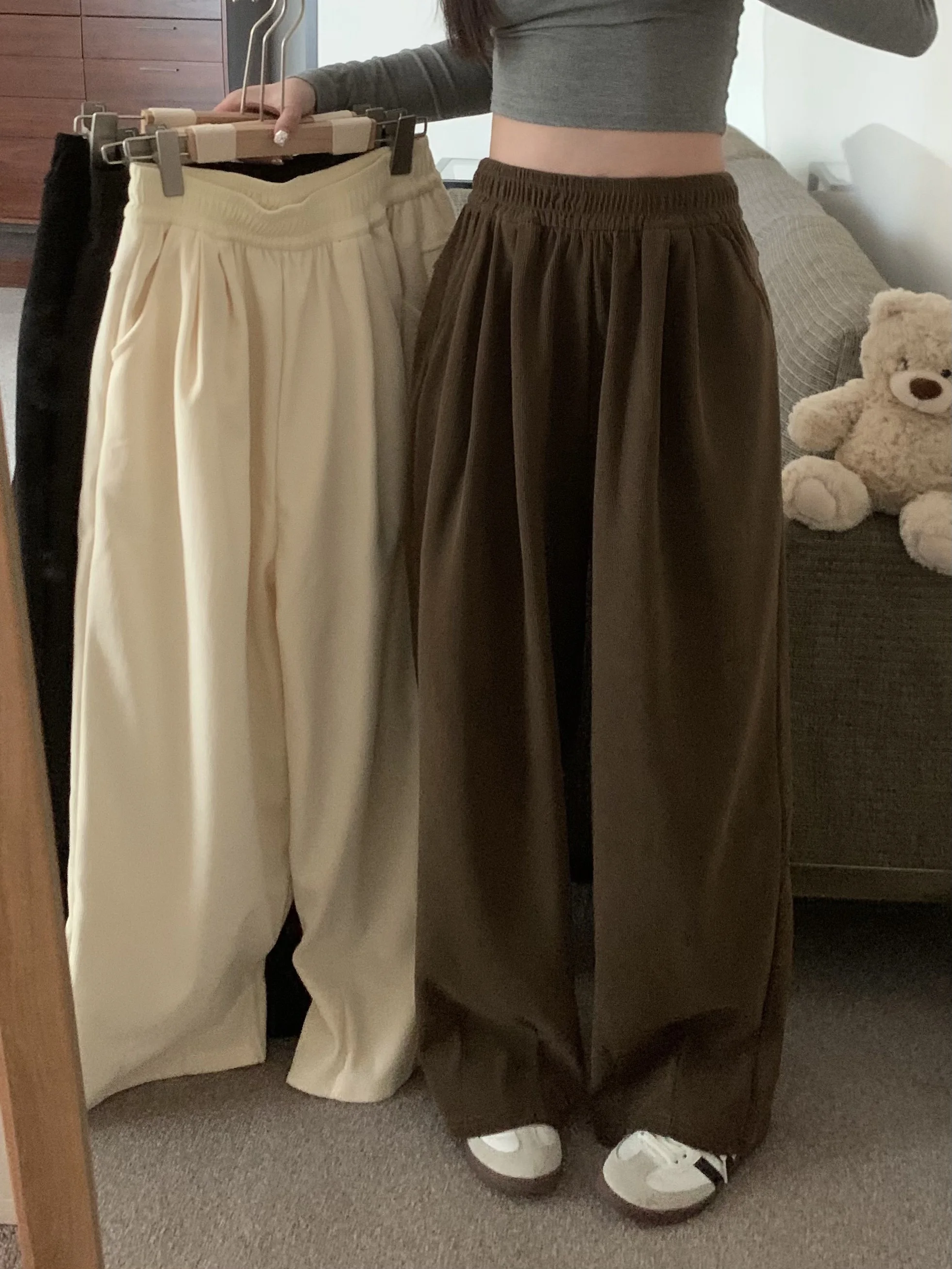 루즈핏 바지 하이웨이스트 롱팬츠 루즈핏 캐주얼 드레이프 두꺼운 스트레이트 바지 팬츠 바지 하이웨이스트 롱팬츠 바지