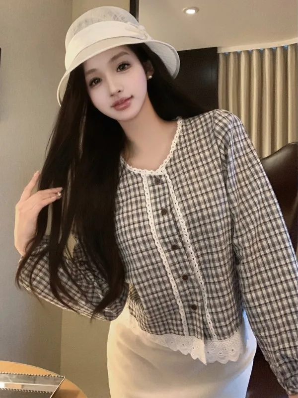 

Retro Korean Style Long Sleeve Plaid Shirt Women's Patchwork Versatile Classic Citywalk Breathable Autumn Spring Fashion Top