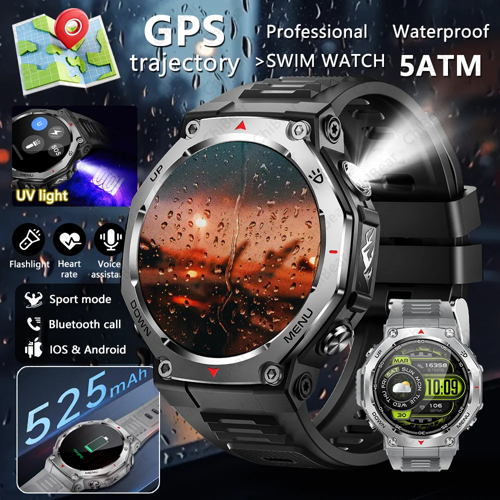 

New Men's Sports Smart Watch 525mAh Long Battery Life 5ATM Waterproof GPS Heart Rate AMOLED Bluetooth Call UV Light SmartWatch