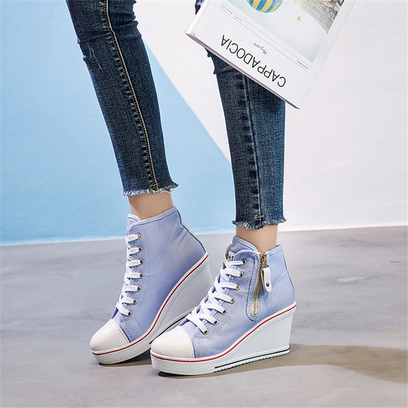 Spring and autumn new high -top bandage high -heeled canvas shoes loose bottom slopes thick leisure large size women's shoes