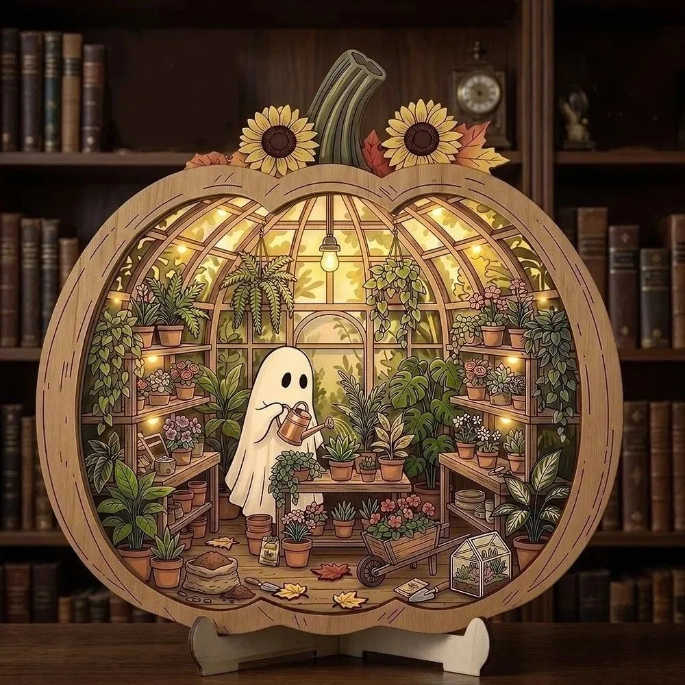 Home Decor 20cm Halloween Ornaments 2D Flat Cute Ghost Desktop Decoration Wooden Cat Halloween Decorative Plate Party Supplies