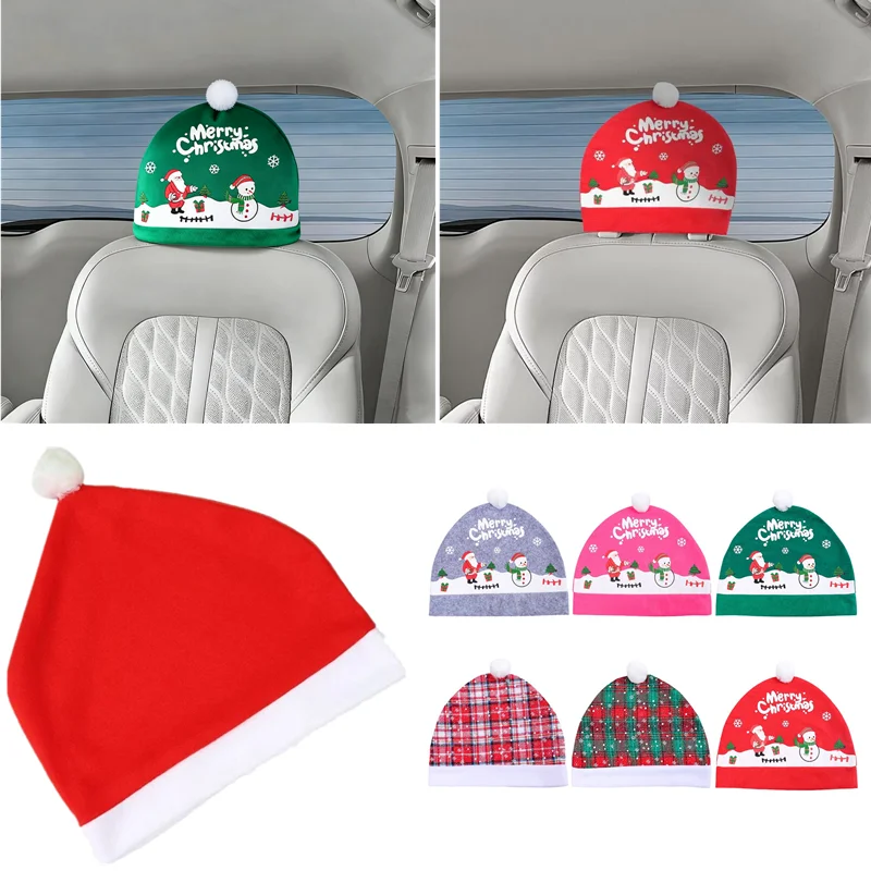 

New 2026 Christmas Car Headrest Protector Decor Cap Santa Hat Shape Seat Head Rest Car Interior Christmas Gift