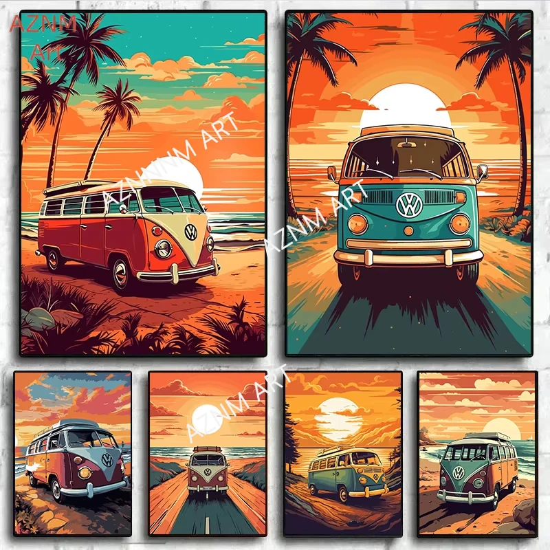 Retro Vintage Nature Bus on The Beach Posters Prints Travel Surf Board Sea Sunset Surfboard Canvas Painting Wall Art Home Decor