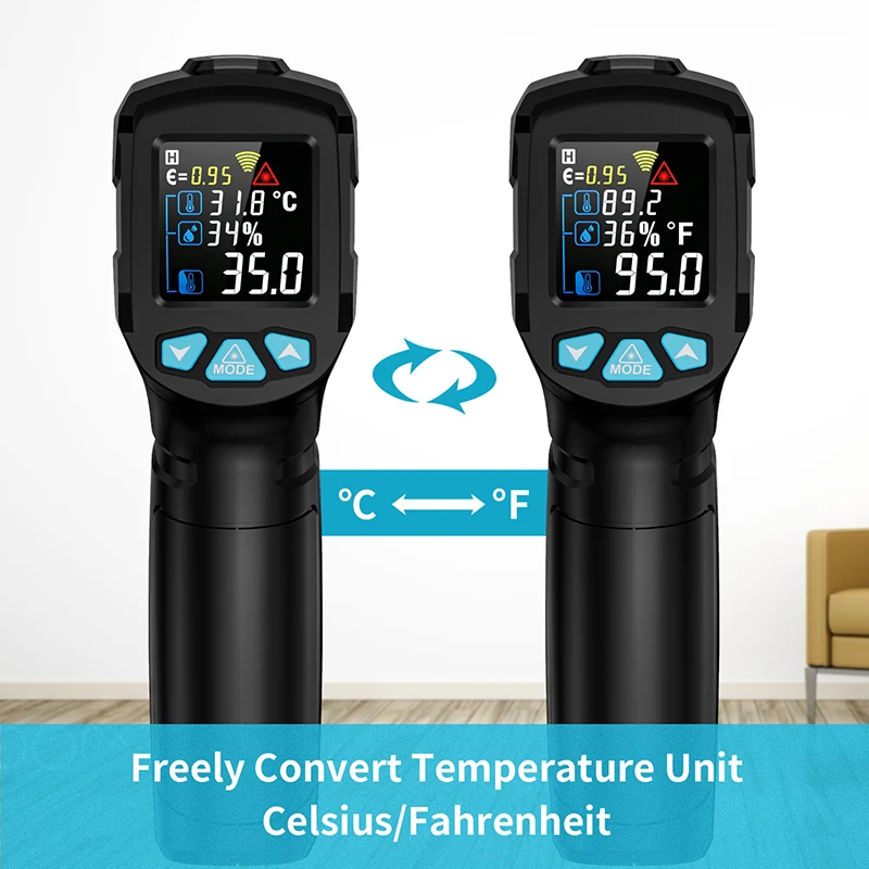 Termometro digitale a infrarossi misuratore di temperatura Laser senza contatto 800 gradi o 1472 pirometro Fahrenheit IR Termometro LCD a colori