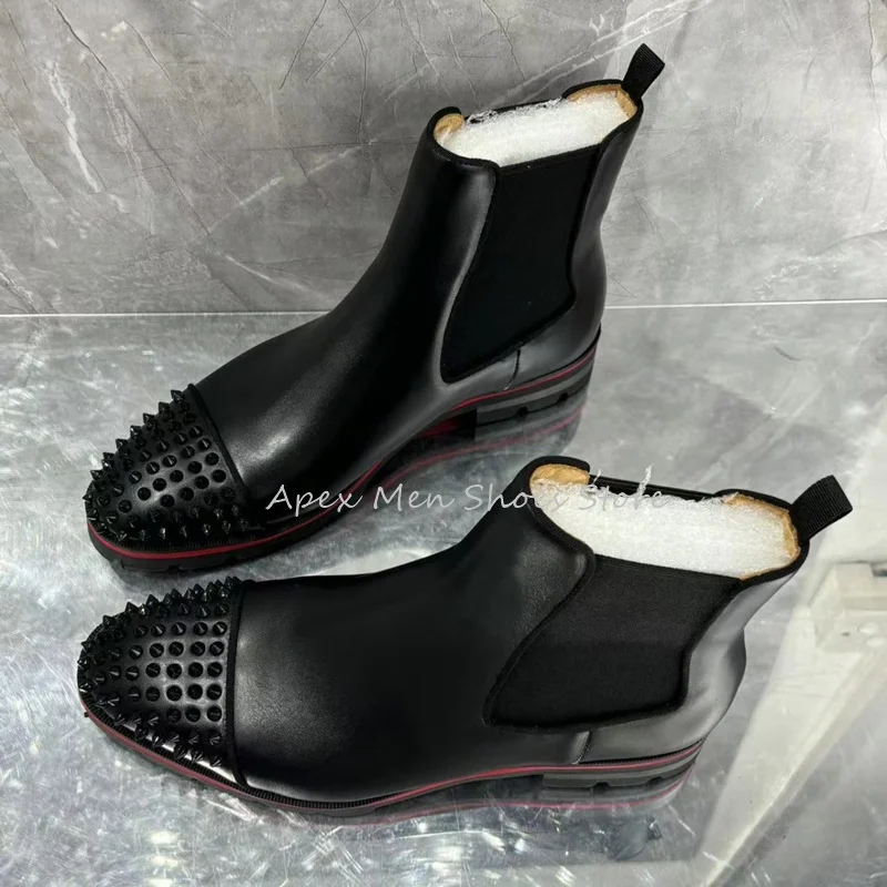Rendy Round Toe Rivet Men\'s Chelsea Boots Autumn Winter Versatile Low Heel Leather Non Slip Handmade Shoes Vintage Men Boots