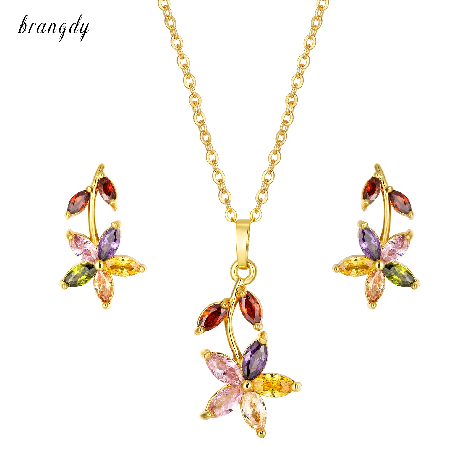 Fashion Dubai Jewelry Sets Olive Leaf Pattern 24k Gold Plated Zirconia Designer Jewelry Pendant Necklace And Stud Earrings