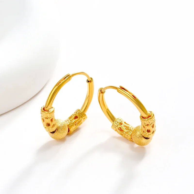 Gold color Bead Carrying Earrings for Women Solid Gold Stud Earring Not Fade Wedding Engagement Christmas Jewelry Earring Gifts