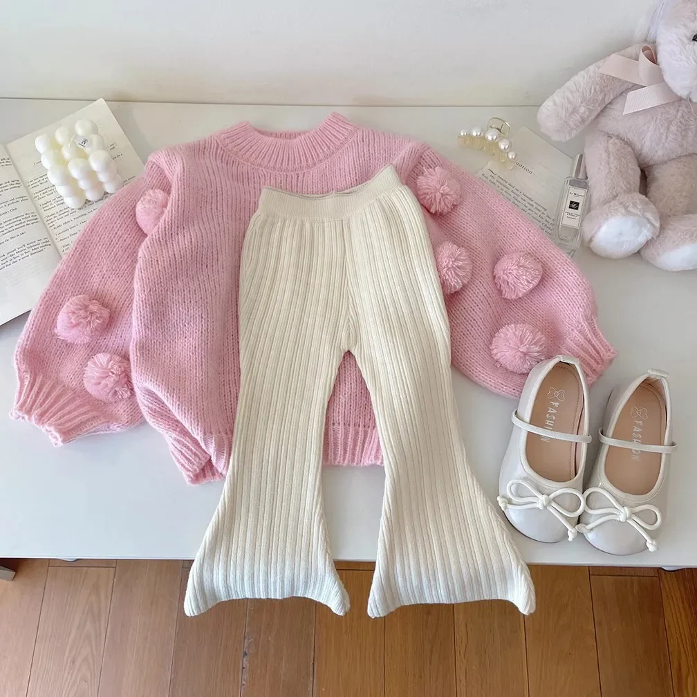 

Baby Girl Princess Knitted Fluffy Ball Sweater Flared Pant Infant Toddler Child Knitwear Spring Autumn Baby Clothes 1-10Y