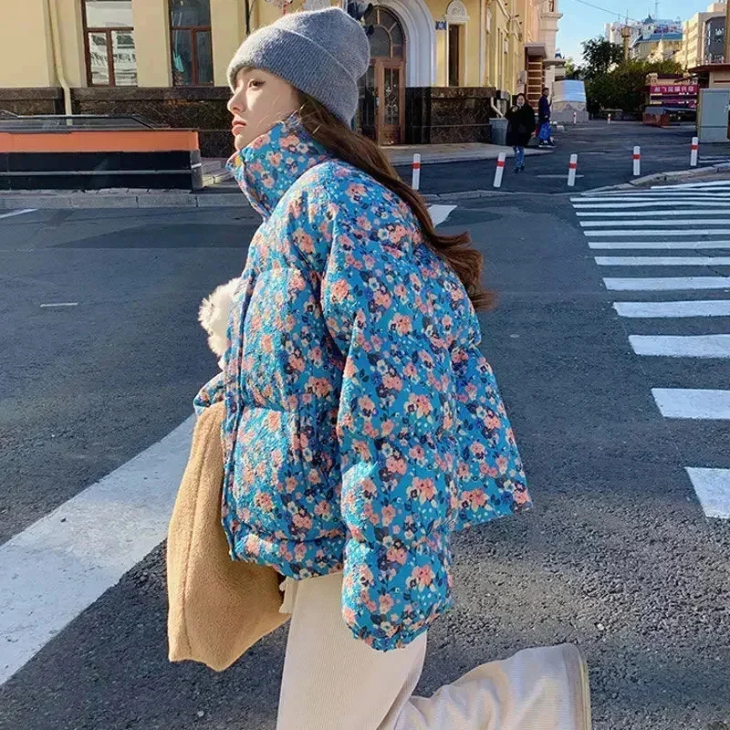 Piumini invernali trapuntati stampati floreali francesi per le donne Streetwear cappotti caldi spessi giacche Casual larghe femminili