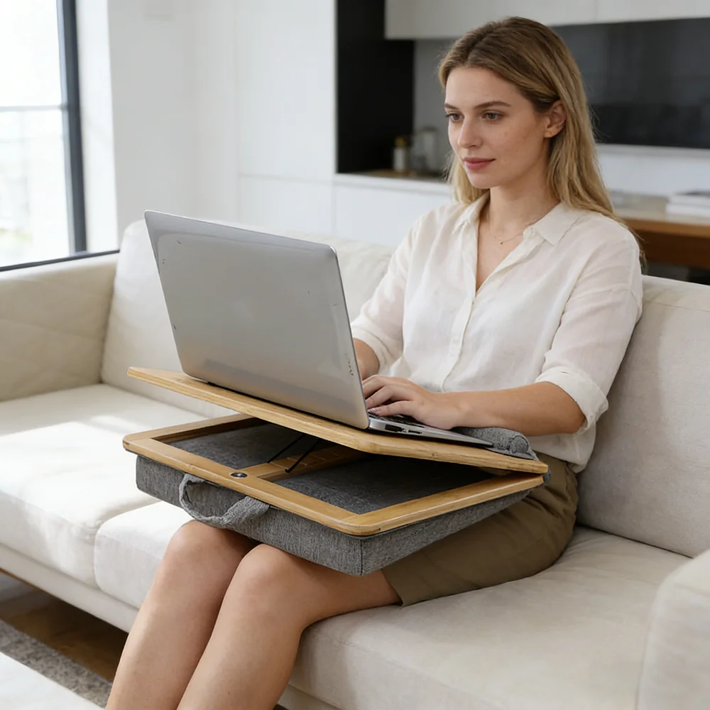 Bamboo Laptop Stand with Soft Cushion, Adjustable Angle Lap Desk for Sofa/Bed, Portable Computer Table for Home Office