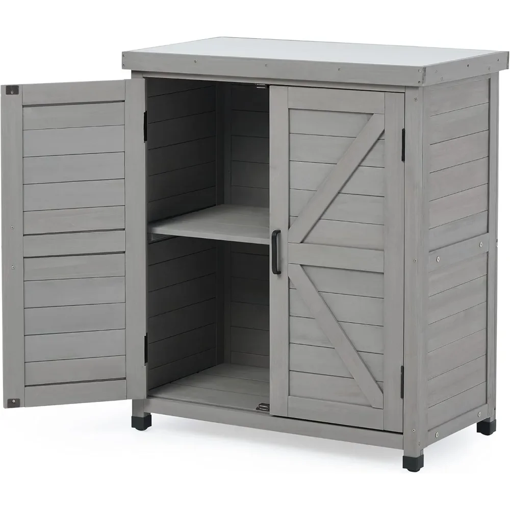 Outdoor Storage Cabinet & Potting Bench Table with Metal Top, Wooden Patio Furniture, Garden Workstation