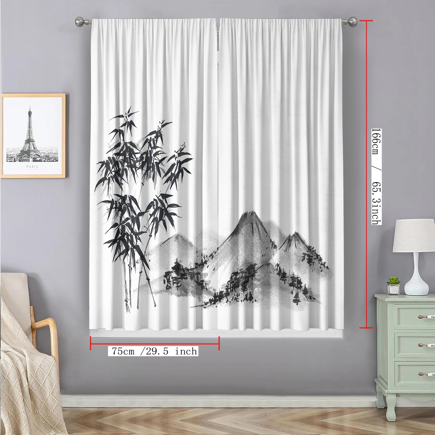 2PC Home Decoration Curtains, Elegant Bamboo Ink Painting With Pole Bag Curtains, Kitchen, Coffee Shop, Living Room, Balcony