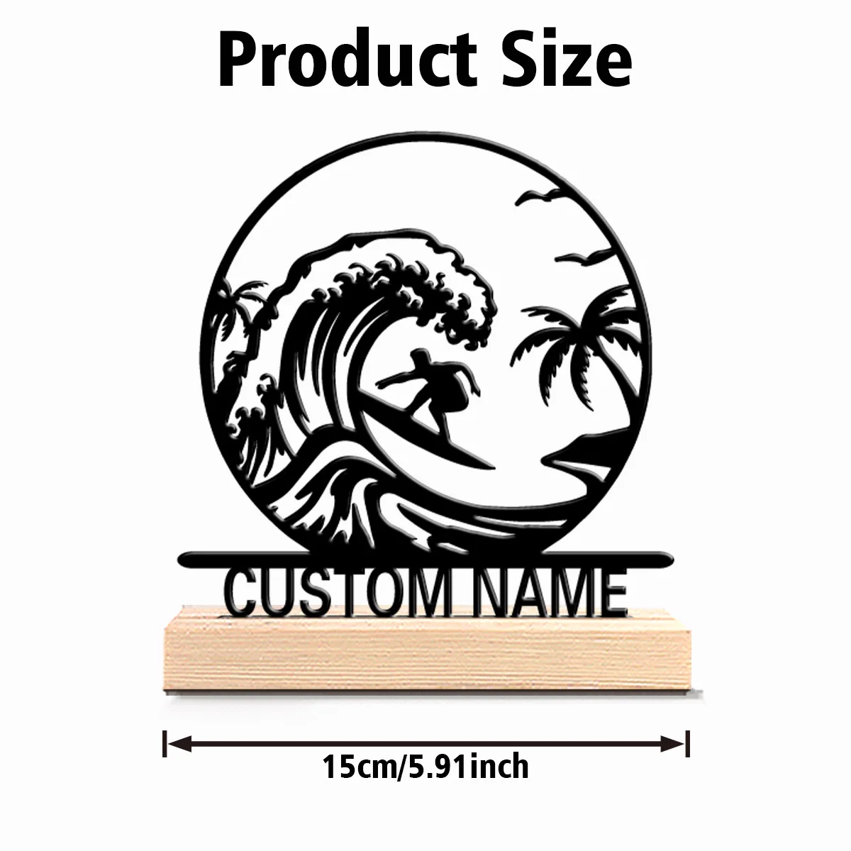 1pc Fashion Personalized Custom Surfer Metal Statues With Wooden Base Tabletop Decoration Modern Wooden Surfer-Themed Wooden Bas