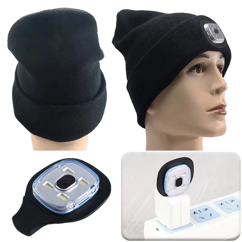 LED Lighted Beanie Cap Unisex Led Light Knitted Hat Winter Warm Hats Night Sports Hiking Running Camping Glow Cap with Head Lamp