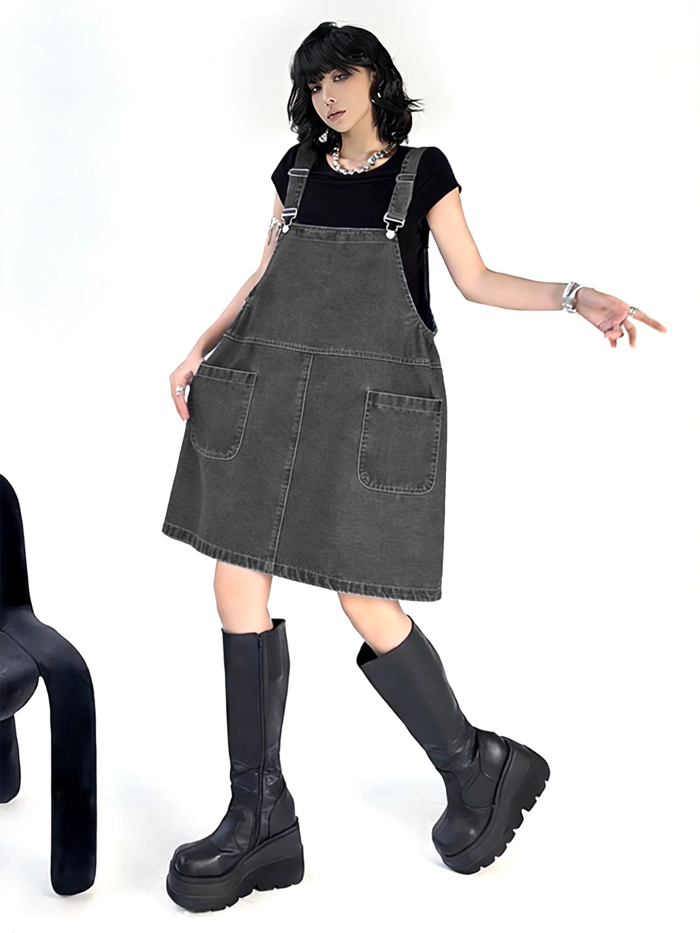 

Hong Kong Style Denim Overalls Dress Women's Loose Fit Knot Two-Sided Wear City Commute A-Line Silhouette